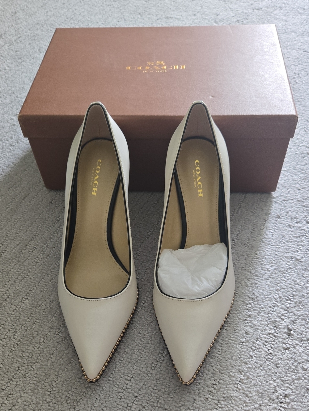 Coach Cream Leather Pointed Toe Pumps with Gold Chain Trim